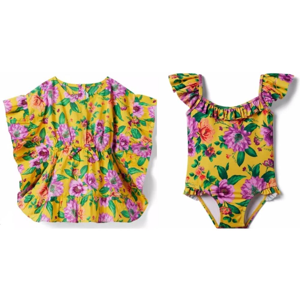 Janie and Jack Floral Ruffle Swim Cover-Up & Flutter Sleeve Swimsuit Size 2T
